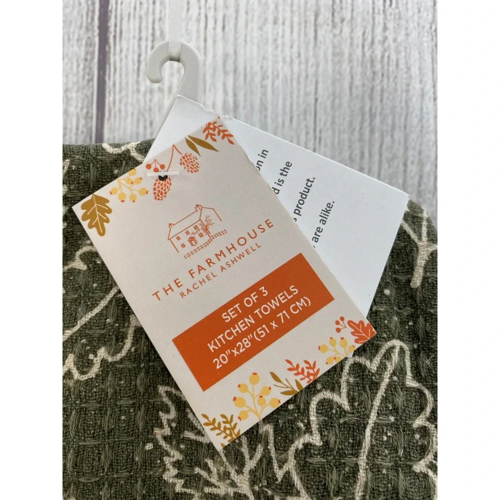 Rachel Ashwell The Farmhouse Kitchen Towels (3) Green Fall Acorn Leaf Autumn